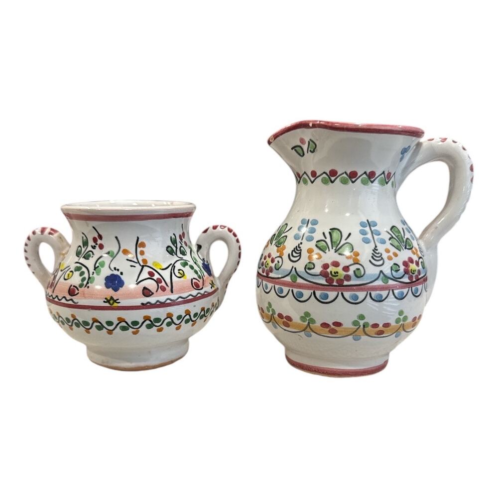 Cruz Family from Spain Signed Colored Dot Ceramic Creamer and Sugar Bowl
